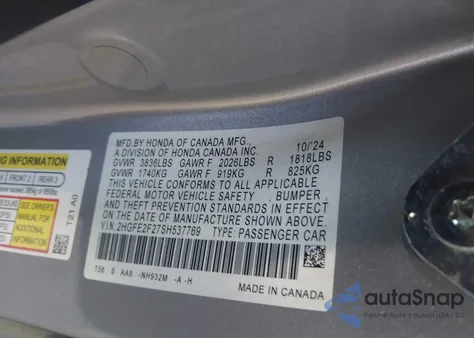 2025 Honda Civic Lx z USA, uszkodzony, nr VIN 2HGFE2F27SH537769